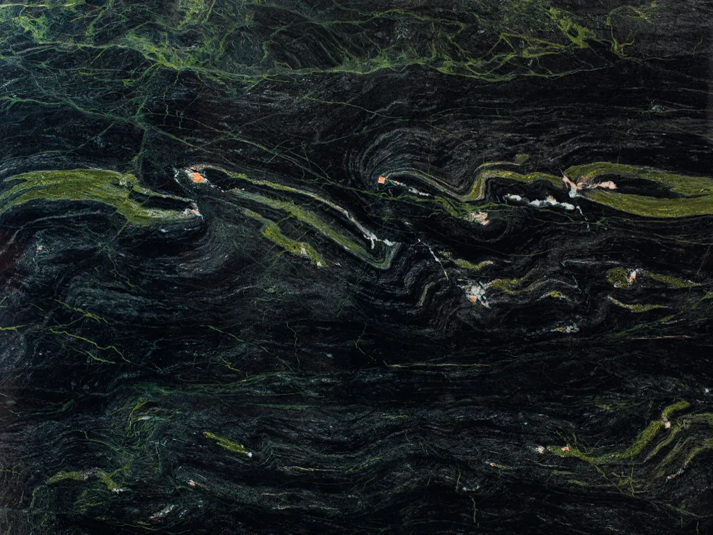Vancouver black quartzite slab: greenish black background with wavy lime green bands and fine lines