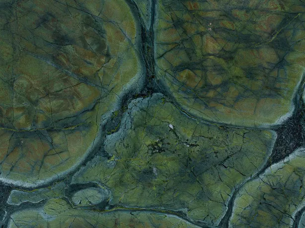 Detail of green Victoria Regia quartzite: petrol blue outlines framing each green cell
