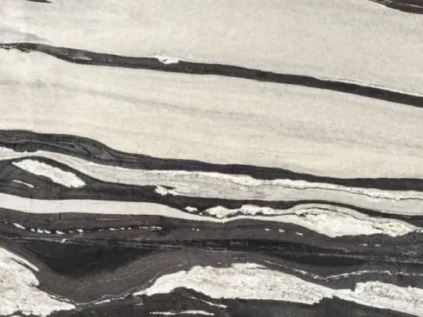White Copacabana quartzite slab: wavy horizontal white and black bands of varying thickness