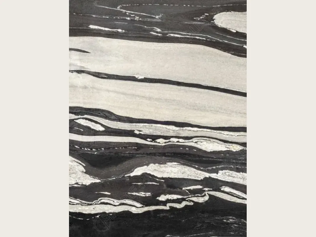 White Copacabana quartzite slab: wavy horizontal white and black bands of varying thickness