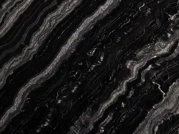 Slab of Agata Black granite: black with diagonal wavy silver gray bands, polished to a gloss