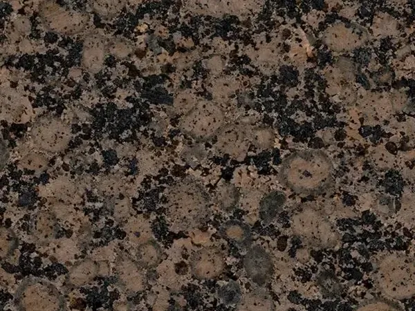 Baltic Brown granite slab: brown oval grains with rings among black specks, polished