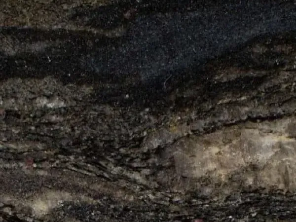 Cosmic Gold granite slab: brown-black background with golden and bronze waves and light gray patches, polished