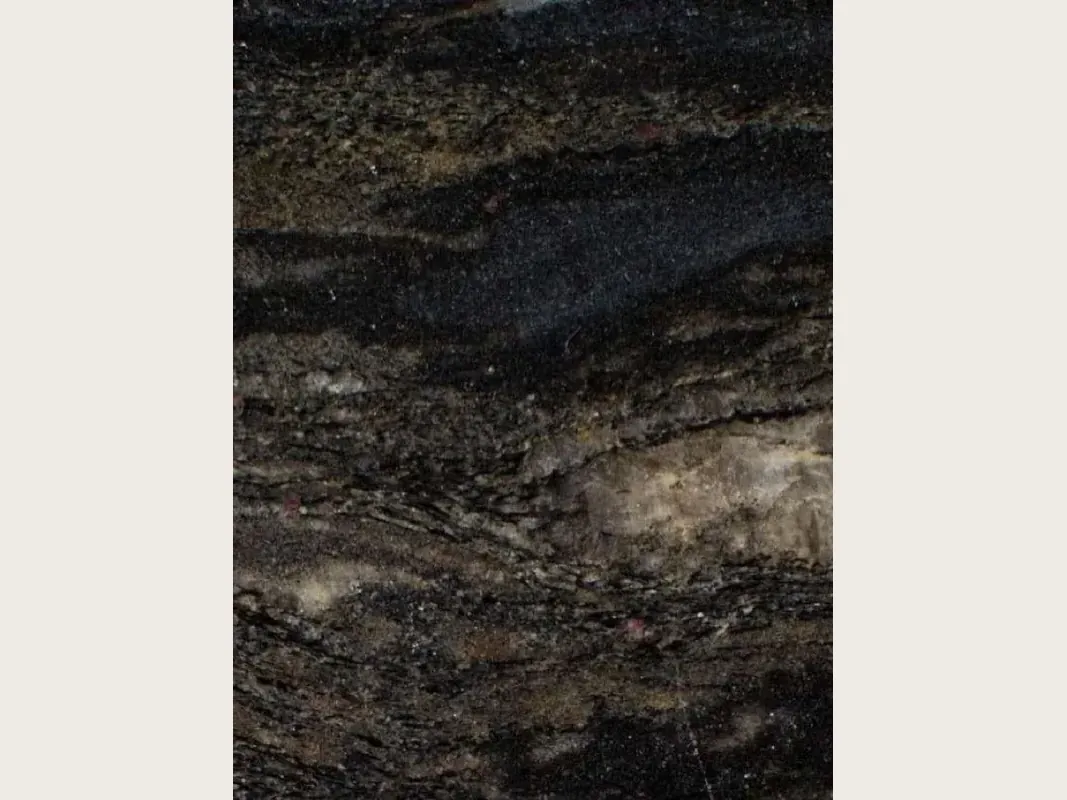 Cosmic Gold granite slab: brown-black background with golden and bronze waves and light gray patches, polished