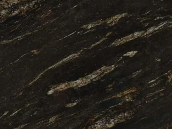Slab of Matrix Granite: black with elongated golden and beige streaks on the diagonal