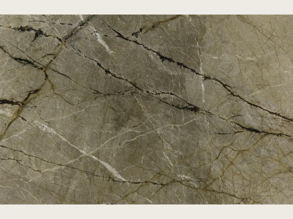 Slab of Silver Roots granite: taupe gray background with horizontal dark gray veins, fine cracks and ocher touches (another slab)