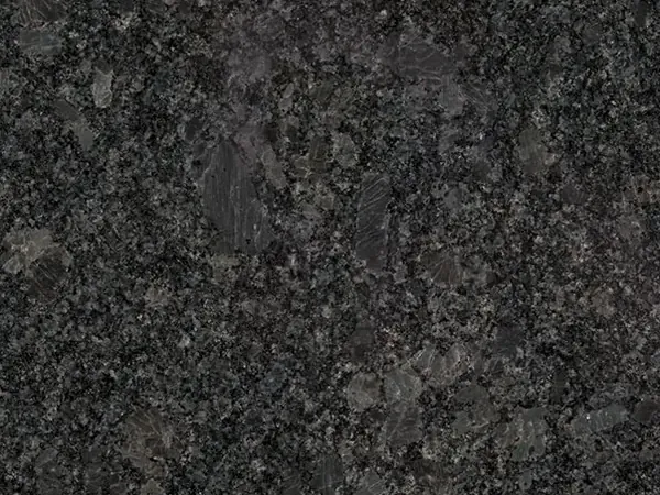 Steel Grey granite slab: medium steel-gray grain with lighter areas on an almost black background, polished