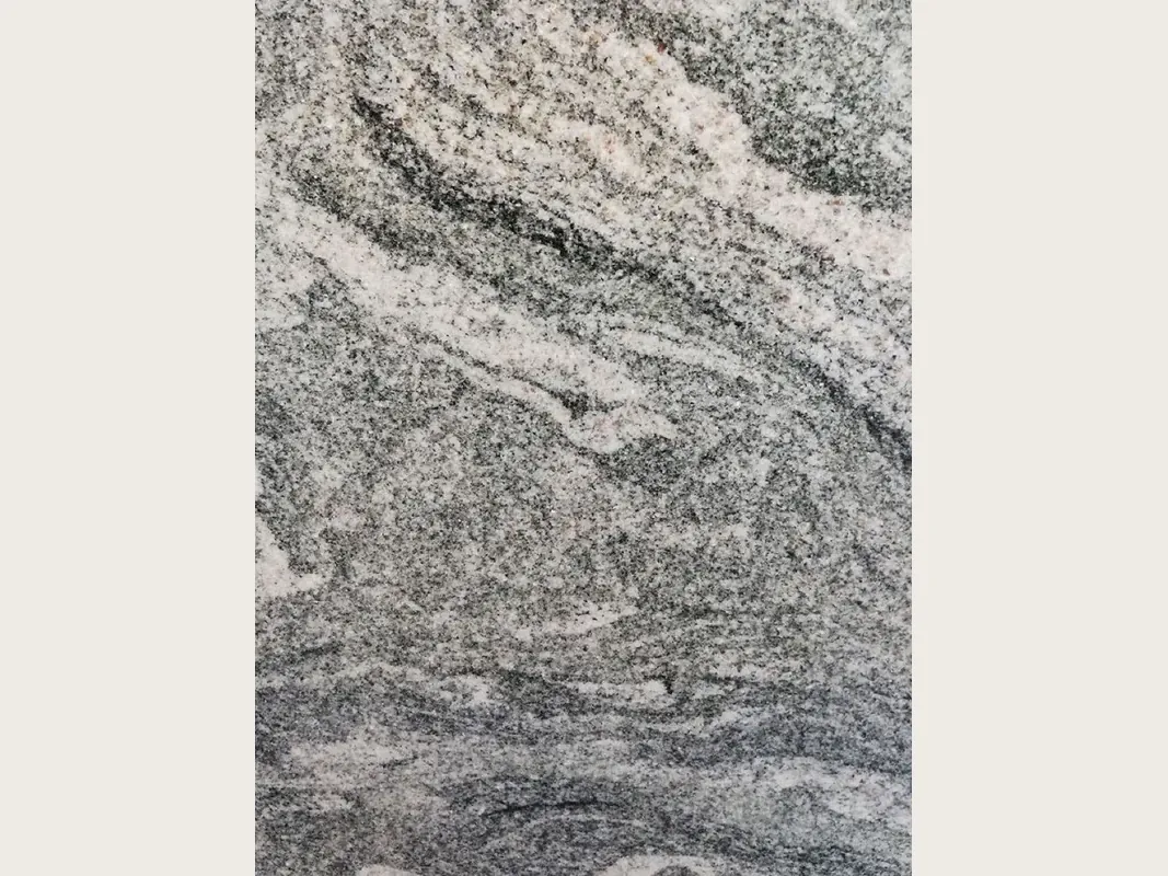 Verde Marina granite slab: wavy white and dark grey bands running diagonally over a medium grey background