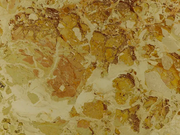 Detail of beige Alma Fuoco marble: the dark edges of the ocher and rust fragments over the greenish cream