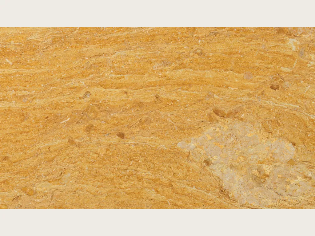 Giallo Reale marble slab: intense ochre background with fine horizontal bands in orange