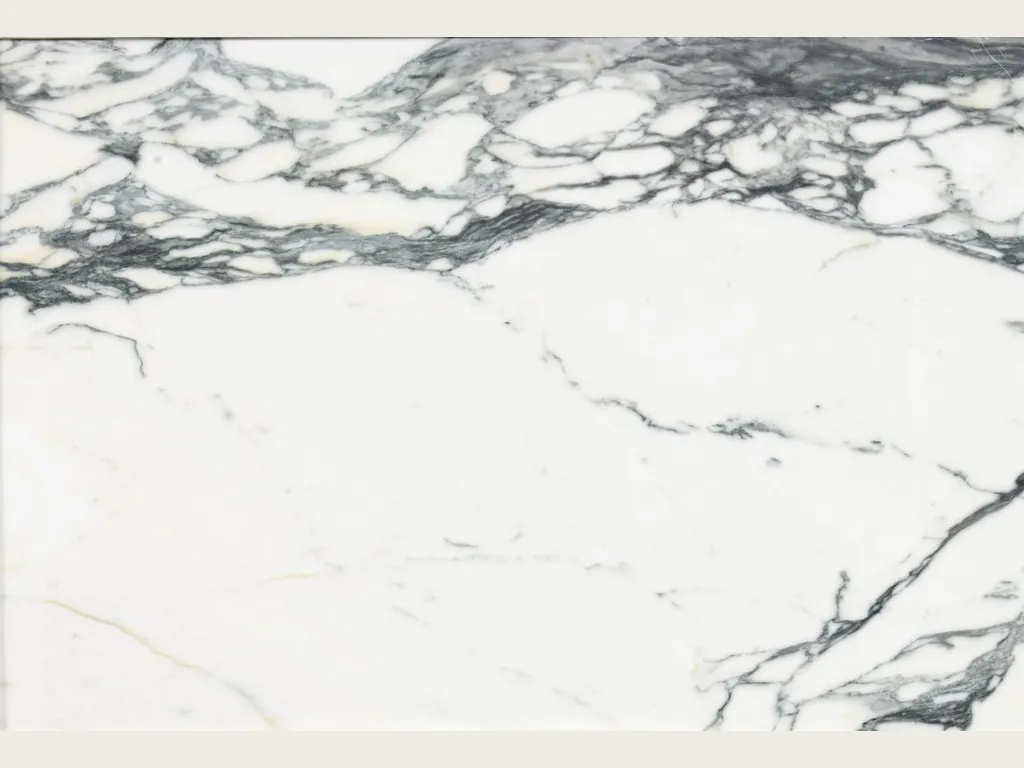 White Arabescato Corchia marble slab: a dense web of dark gray and black veins on a warm white background (another slab)