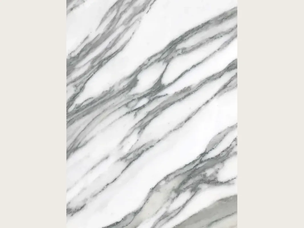 White Arabescato Apuano marble slab: thick branching dark gray veins over white, set diagonally