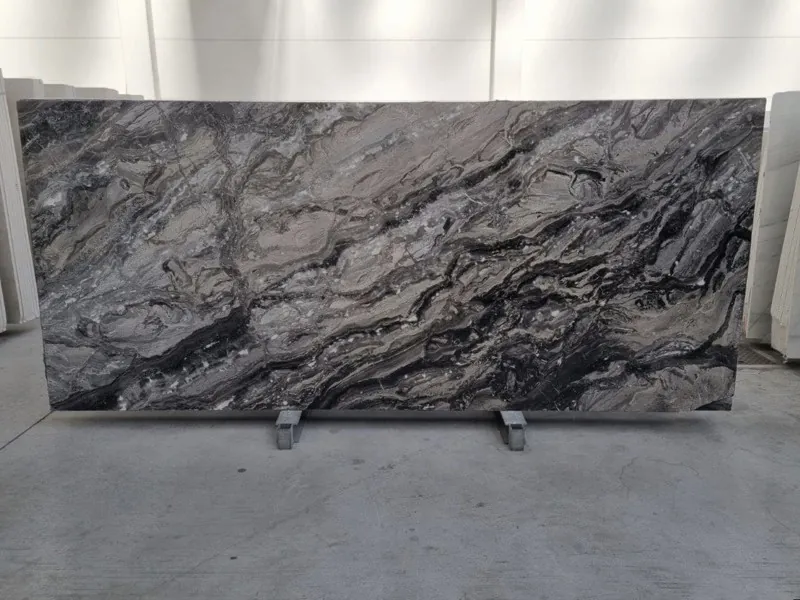 Gray Arabescato Grigio Orobico marble slab: wavy gray and black bands with vertical white veins (another slab)