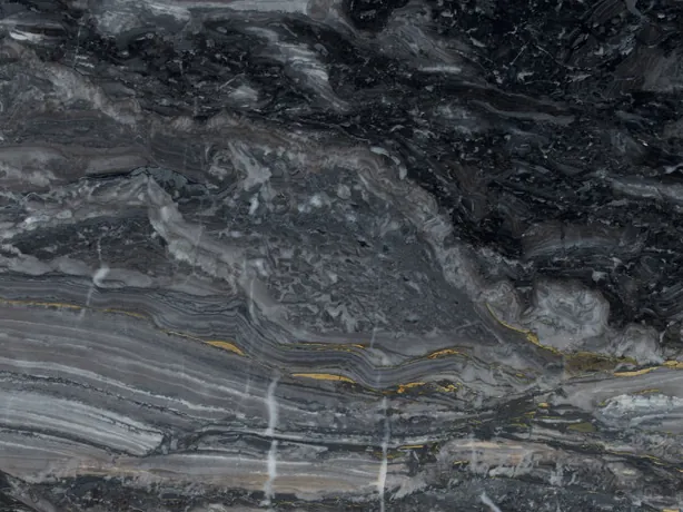 Detail of gray Arabescato Grigio Orobico marble: gray and black bands and one fine white vein up close