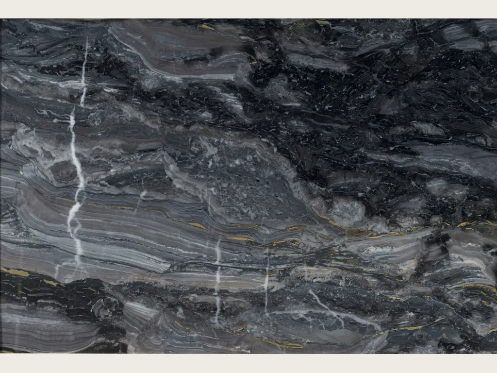 Gray Arabescato Grigio Orobico marble slab: wavy gray and black bands with vertical white veins