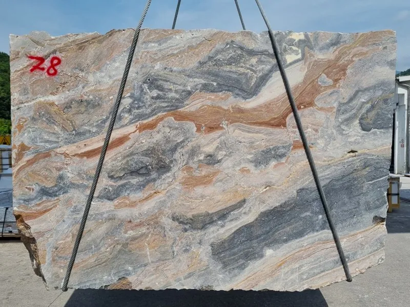 Gray Arabescato Orobico Grigiorosa marble slab: wavy blue-gray and salmon pink bands on the diagonal over a light gray background