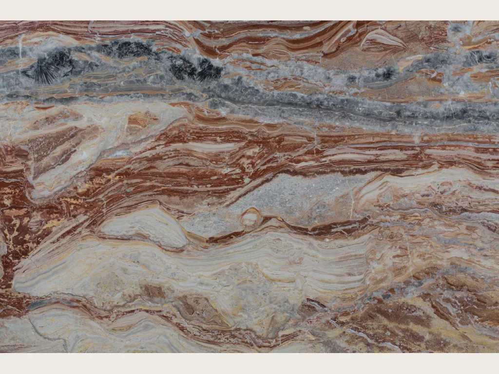 Red Arabescato Rosso marble slab: wavy horizontal bands of brick red, cream and blue gray