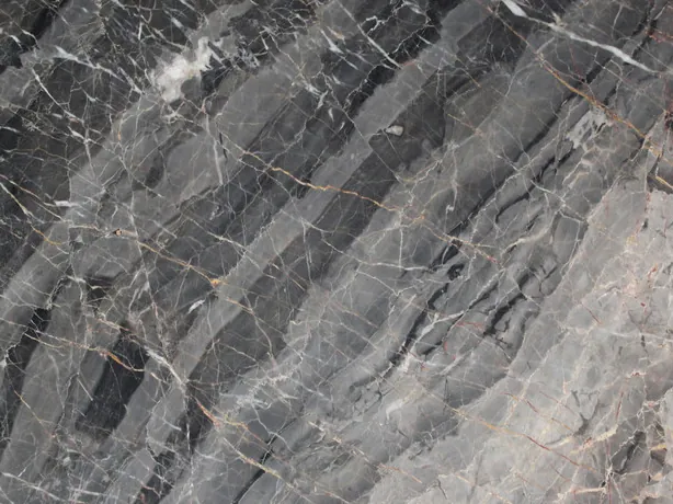 Gray Bellagio marble detail: fine white veins in a network over the dark and medium gray bands