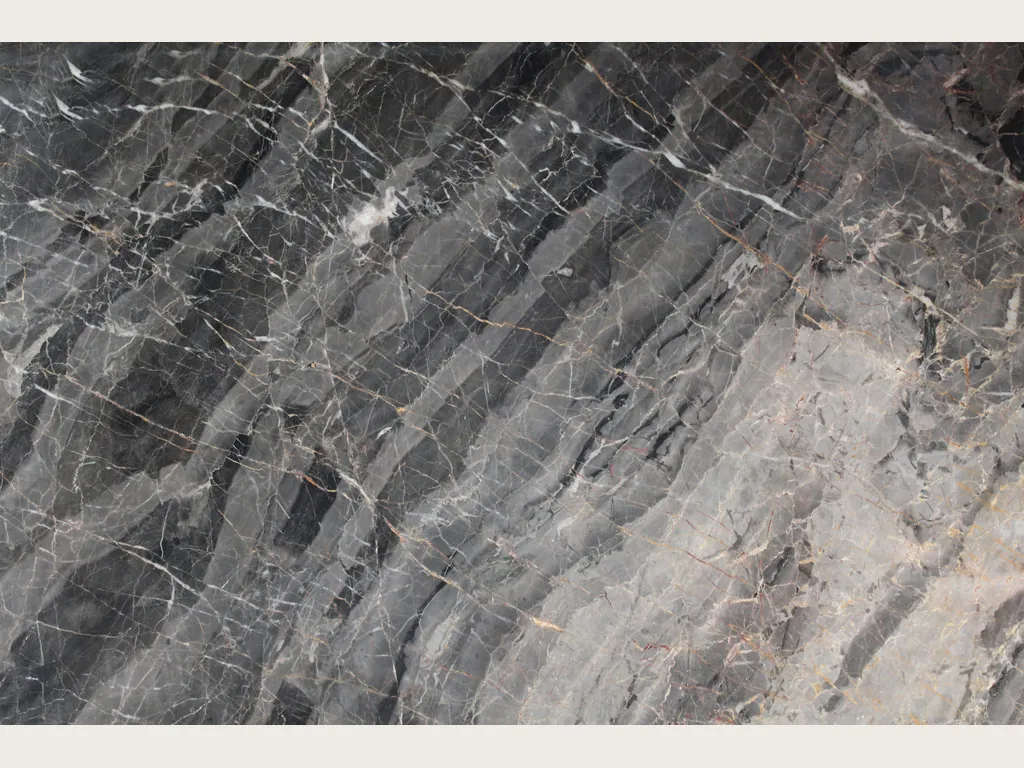 Gray Bellagio marble slab: gray bands stepped on the diagonal with a fine network of white veins