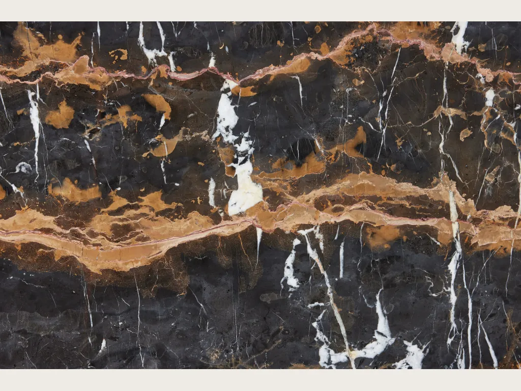 Black & Gold black marble slab: black background with two horizontal golden ochre bands and vertical white veins