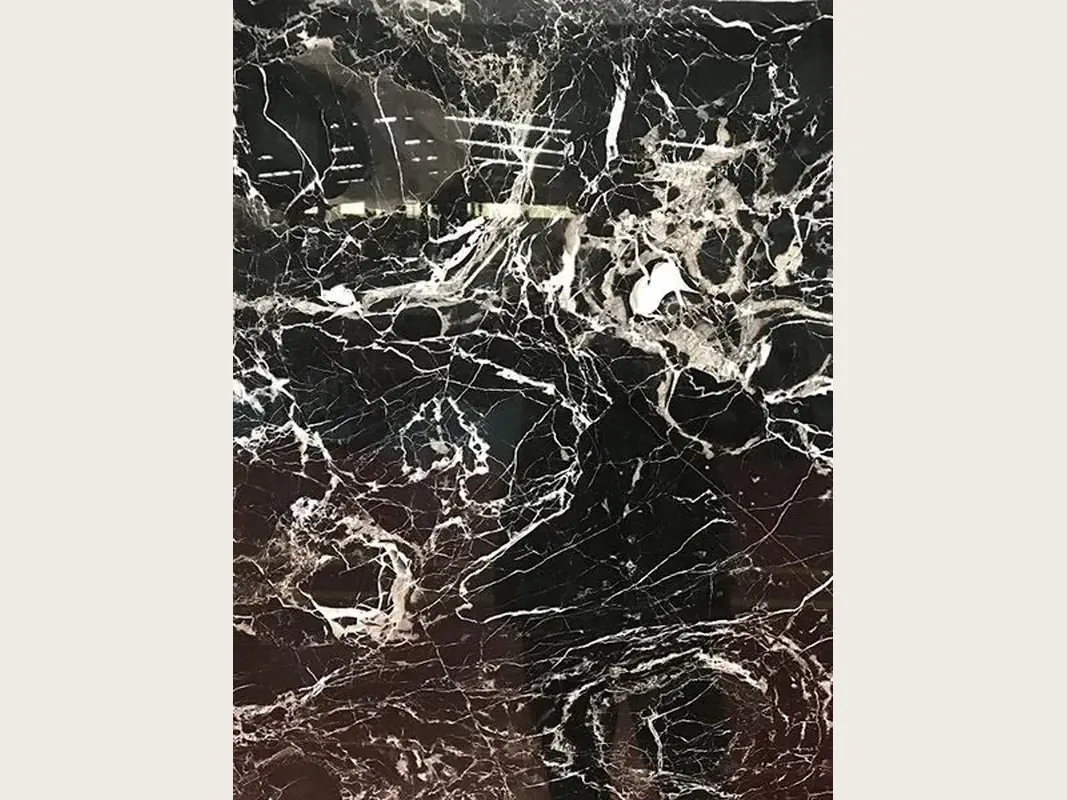 Black Rose marble slab: black background with a dense web of white veins and a brown lower area