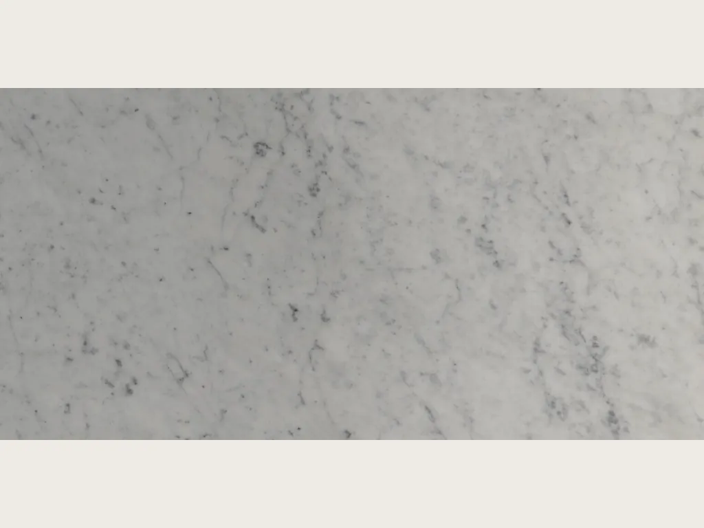 Slab of white Carrara marble: grayish white background with a network of fine, diffuse gray veins