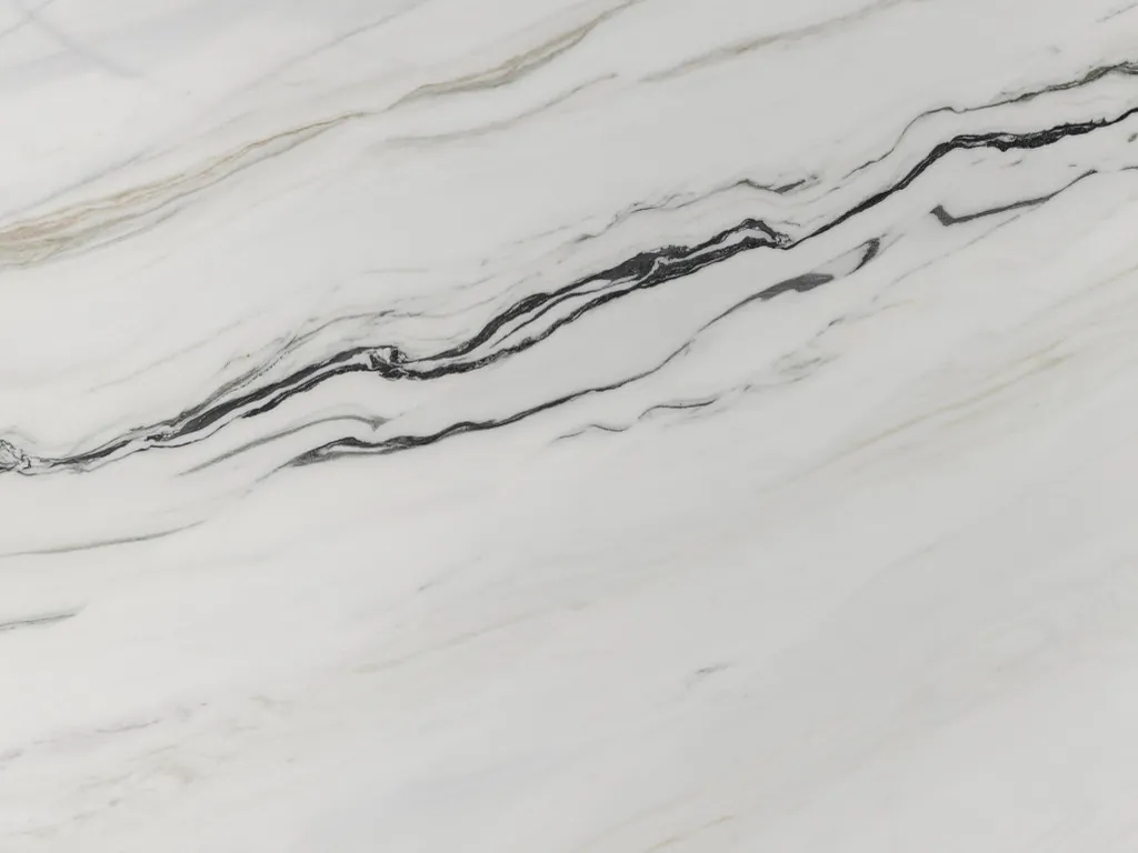 Slab of Bianco Covelano Macchia Vecchia marble: white background with an almost horizontal wavy black vein