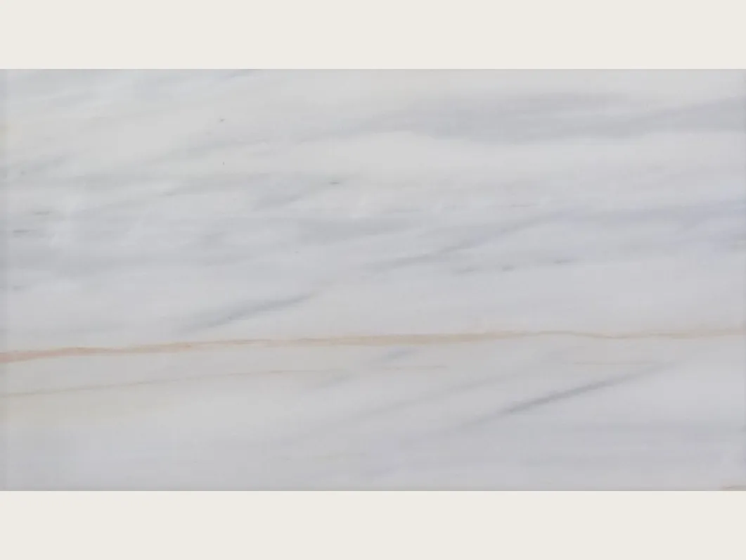 Slab of Bianco Lasa Covelano Gold marble: grayish white background with horizontal lavender veins and one fine ochre line