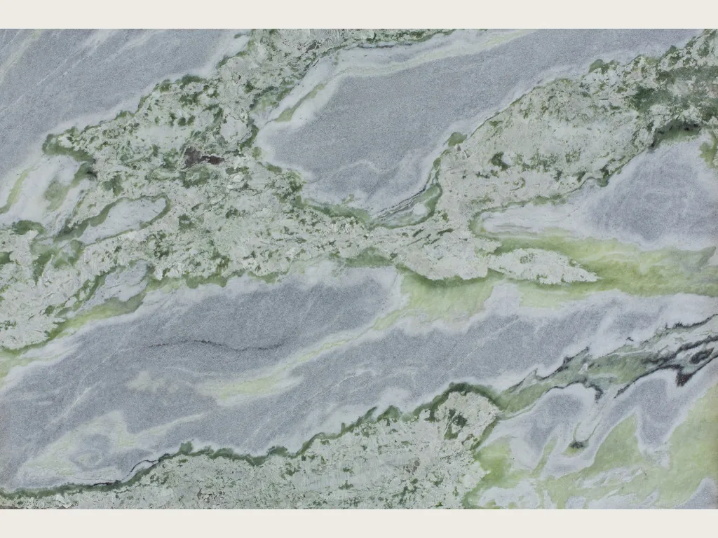 Green Bloody Mary marble slab: wavy bands of sage green and lime over a blue-gray background