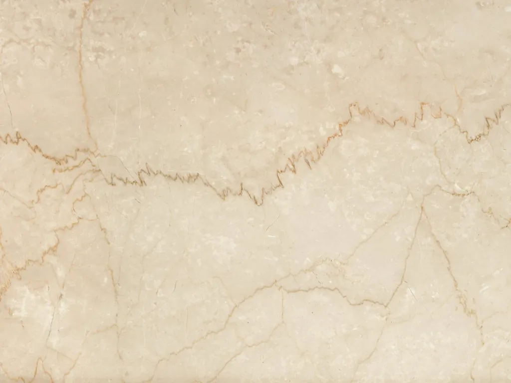 Slab of beige Botticino Classico marble: beige background with fine jagged light brown veins running horizontally