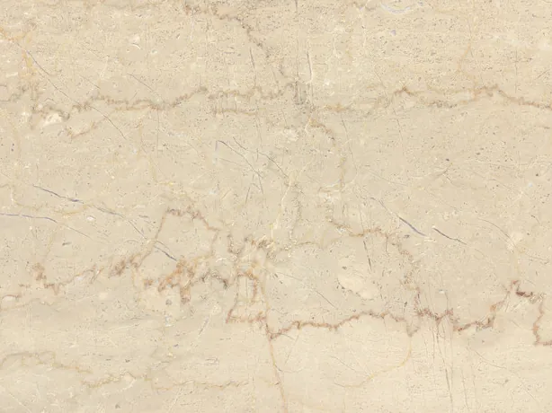 Detail of Botticino Semiclassico beige marble: a jagged reddish brown vein over the creamy beige