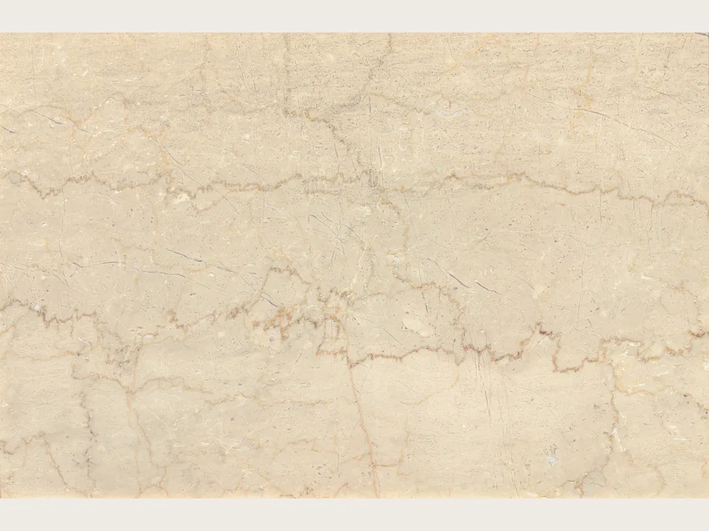 Slab of Botticino Semiclassico beige marble: creamy beige background with fine jagged reddish brown veins running horizontally