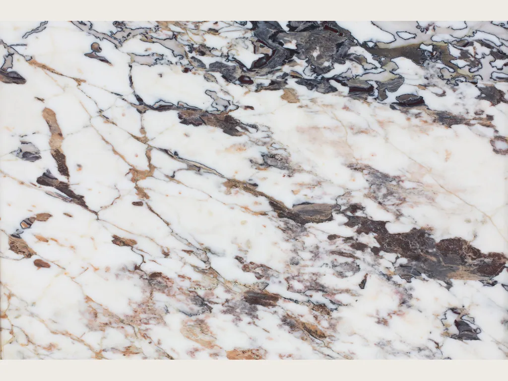 Slab of white Breccia Capraia marble: white fragments inside a dark gray and violet web (another slab)