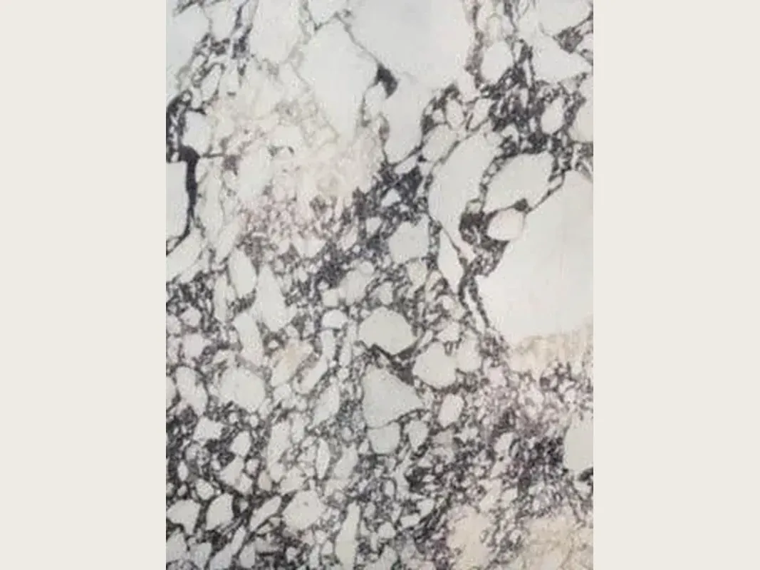 Slab of white Breccia Capraia marble: white fragments inside a dark gray and violet web