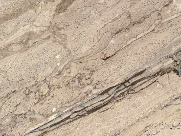 Detail of Breccia Aurora: parallel brown and gray lines over the grayish beige