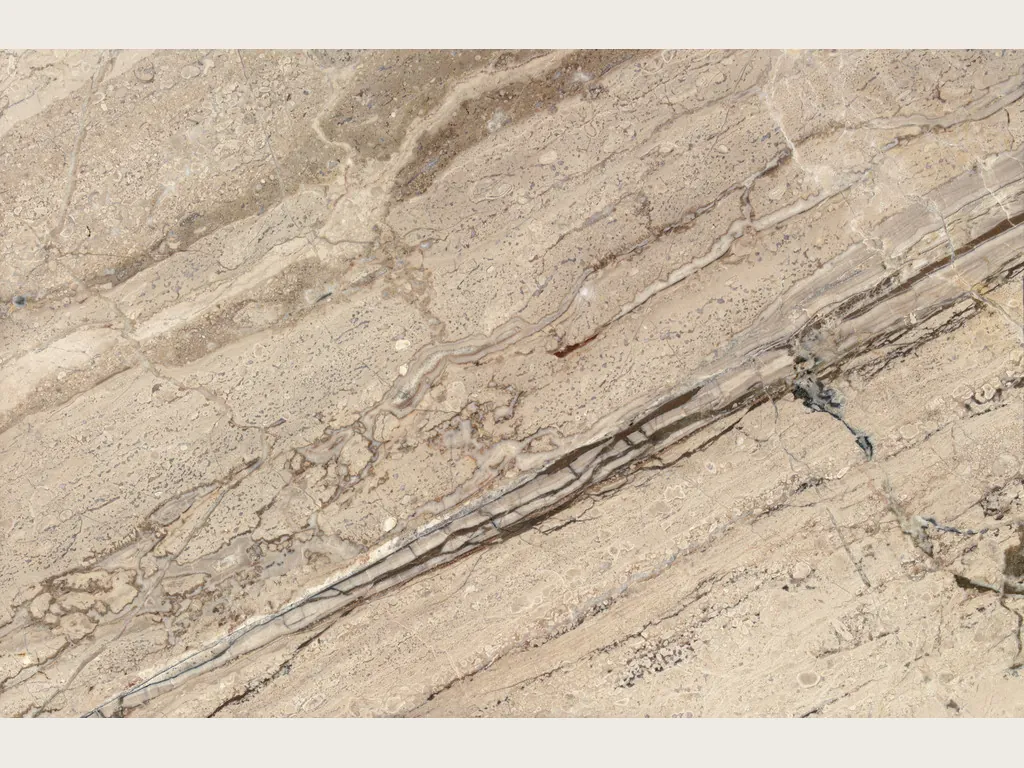 Slab of Breccia Aurora beige marble: grayish beige background with parallel brown and gray veins running diagonally