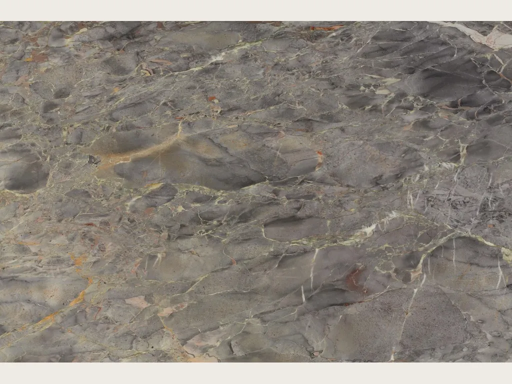 Gray Breccia di Versailles marble slab: a brecciated gray-brown background with fine light veins and ochre touches