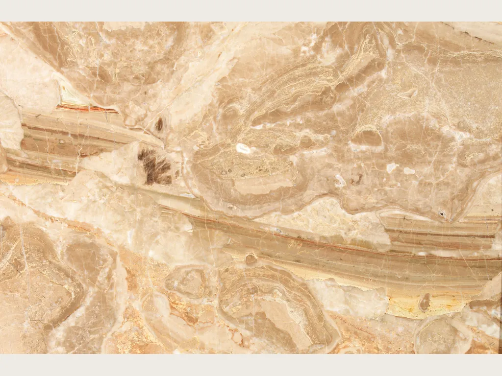 Slab of Breccia Oniciata beige marble: golden beige and cream fragments with concentric waves and a striped brown band