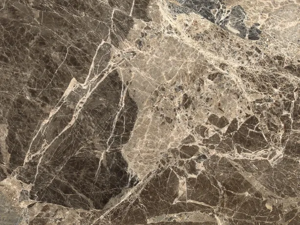 Close-up of a Breccia Paradiso slab: a network of light beige veins over brown fragments with touches of gray