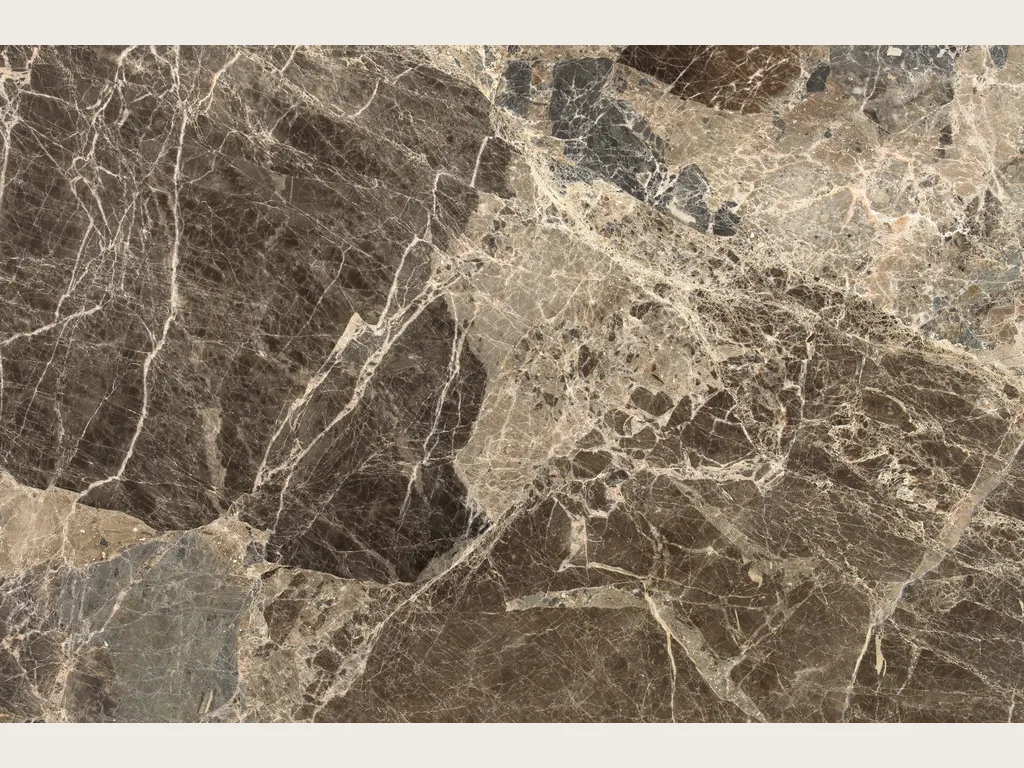 Slab of Breccia Paradiso brown marble: large gray-brown fragments joined by a web of light beige veins