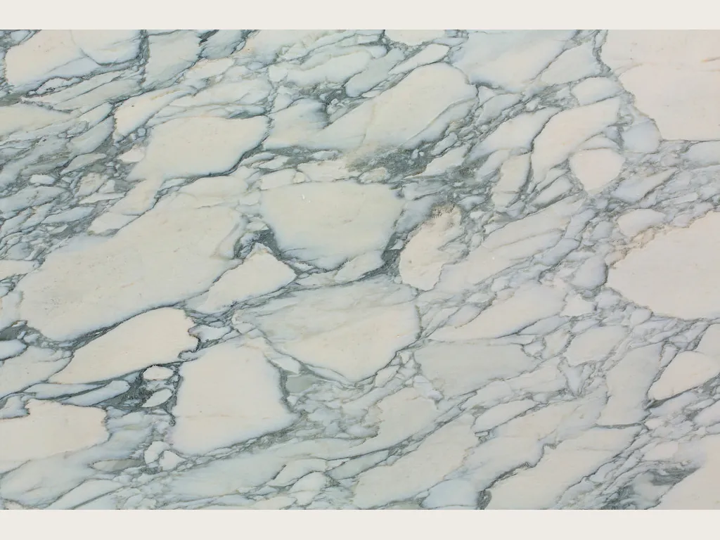 White Calacatta Caldia marble slab: cream fragments in a web of greenish gray veins