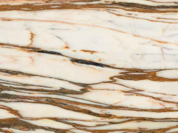Detail of the copper and brown vein of Calacatta Copper over the cream background