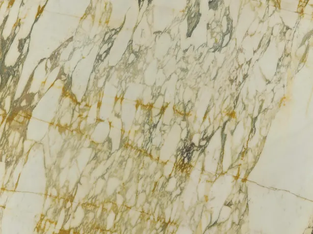 Detail of Calacatta Monet Gold: gold and dark gray veins surrounding the cream fragments