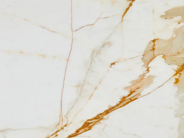 Detail of Calacatta Oro Marble with a golden ochre vein over the white background