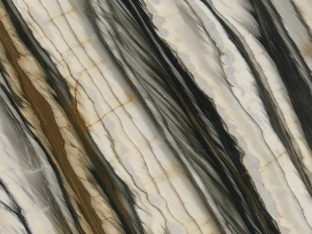 Calacatta Oyster detail: parallel black and brown bands over the polished cream