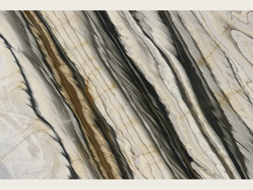 White Calacatta Oyster marble slab: wide black and brown bands in a diagonal over cream