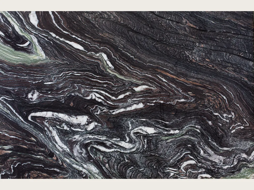 Slab of Cipollino Ondulato Marble: deep purple background with wavy, folded white veins