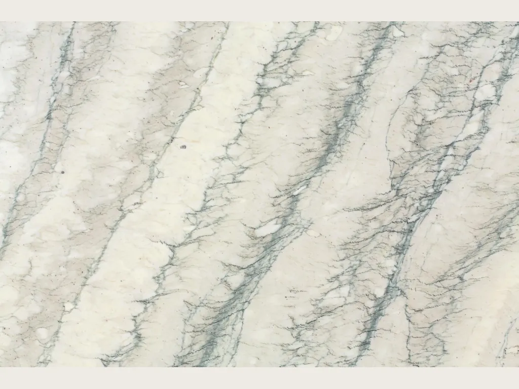 Slab of Cipollino Verde Marble: diagonal stripes of grayish green veins over a warm white background