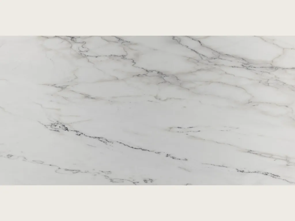 Slab of white Colorado Gold marble: grayish white background with fine horizontal dark gray veins