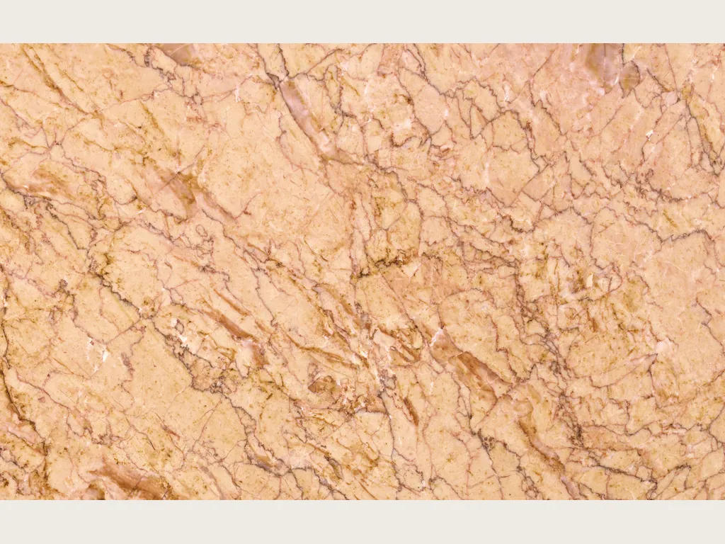 Crema Valencia marble slab: salmon background with a dense web of fine brown veins